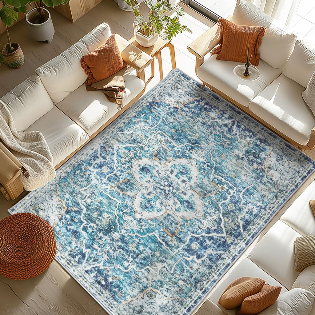 Topllen Boho Washable Area Rugs for Living Room - 3x5 Non Slip Bedroom Rugs Soft Low Pile Non Shedding Floor Carpet for Entryway Vintage Print Distressed Indoor Bedside Rugs