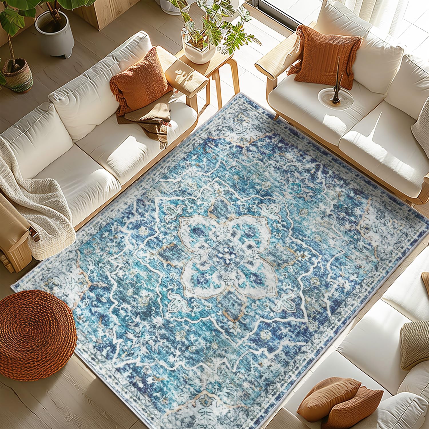 Topllen Boho Washable Area Rugs for Living Room - 3x5 Non Slip Bedroom Rugs Soft Low Pile Non Shedding Floor Carpet for Entryway Vintage Print Distressed Indoor Bedside Rugs